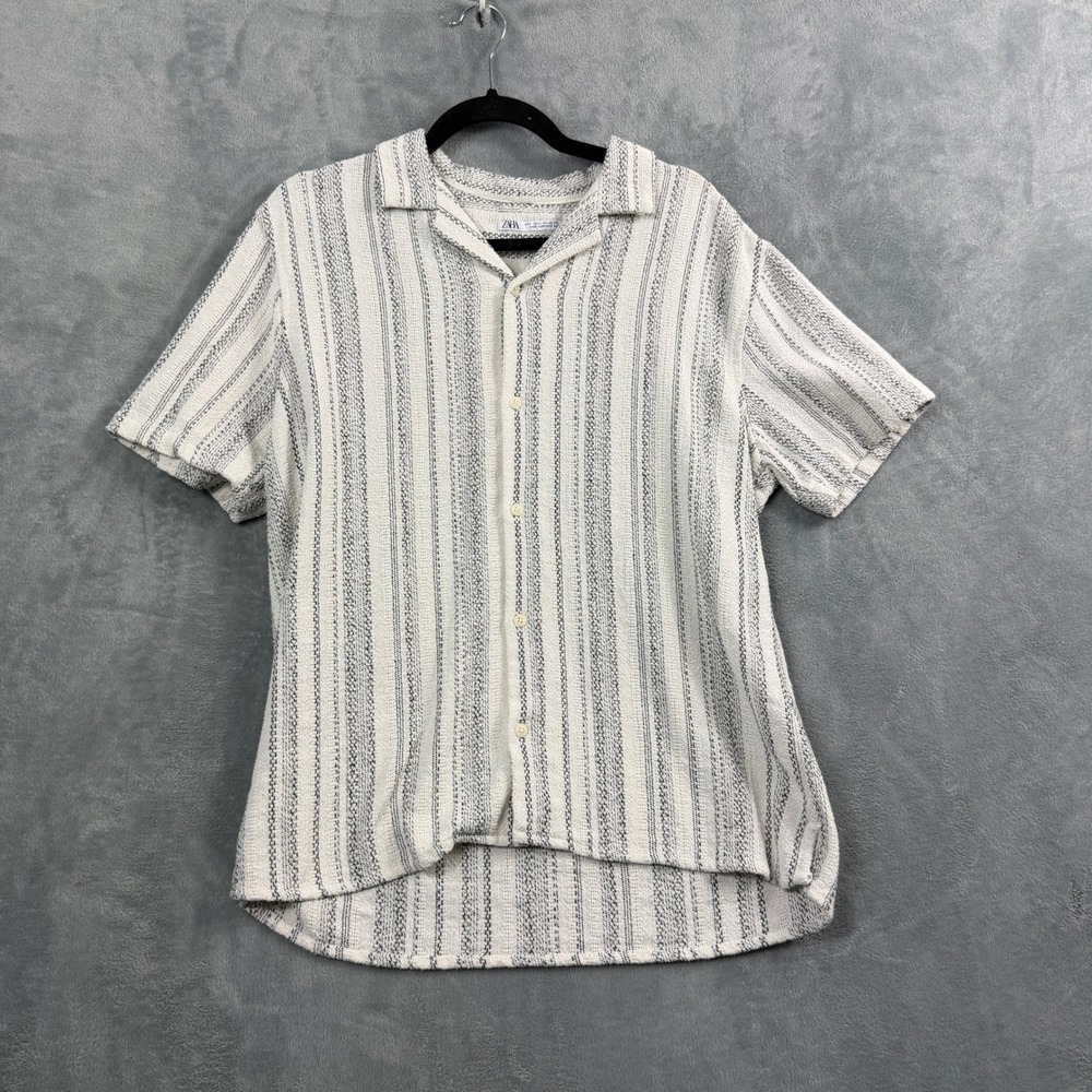Zara Womens L White Stripe Textured Shirt Short Sleeve Boho Coastal Quiet Luxury